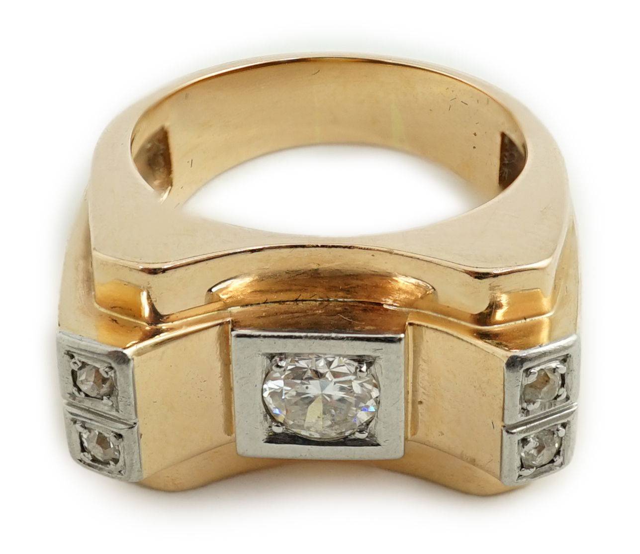 A 1940's 18ct gold and four stone diamond set 'tank' dress ring